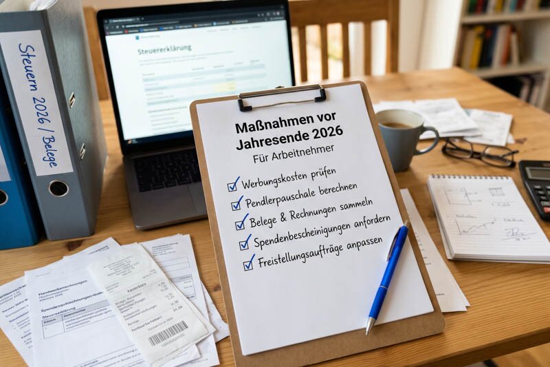 Klemmbrett mit einer Checkliste zu Ma&szlig;nahmen vor Jahresende 2026 f&uuml;r Arbeitnehmer. Abgehakt sind Werbungskosten, Pendlerpauschale, Belege und Rechnungen, Spendenbescheinigungen sowie Freibetr&auml;ge. Im Hintergrund befinden sich ein Laptop mit Steuererkl&auml;rung, Ordner und Unterlagen.