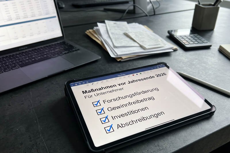 Tablet mit einer Checkliste zu Ma&szlig;nahmen vor Jahresende 2026 f&uuml;r Unternehmer. Abgehakt sind Forschungsf&ouml;rderung, Gewinnfreibetrag, Investitionen und Abschreibungen. Im Hintergrund befinden sich ein Laptop, Unterlagen und ein Taschenrechner.